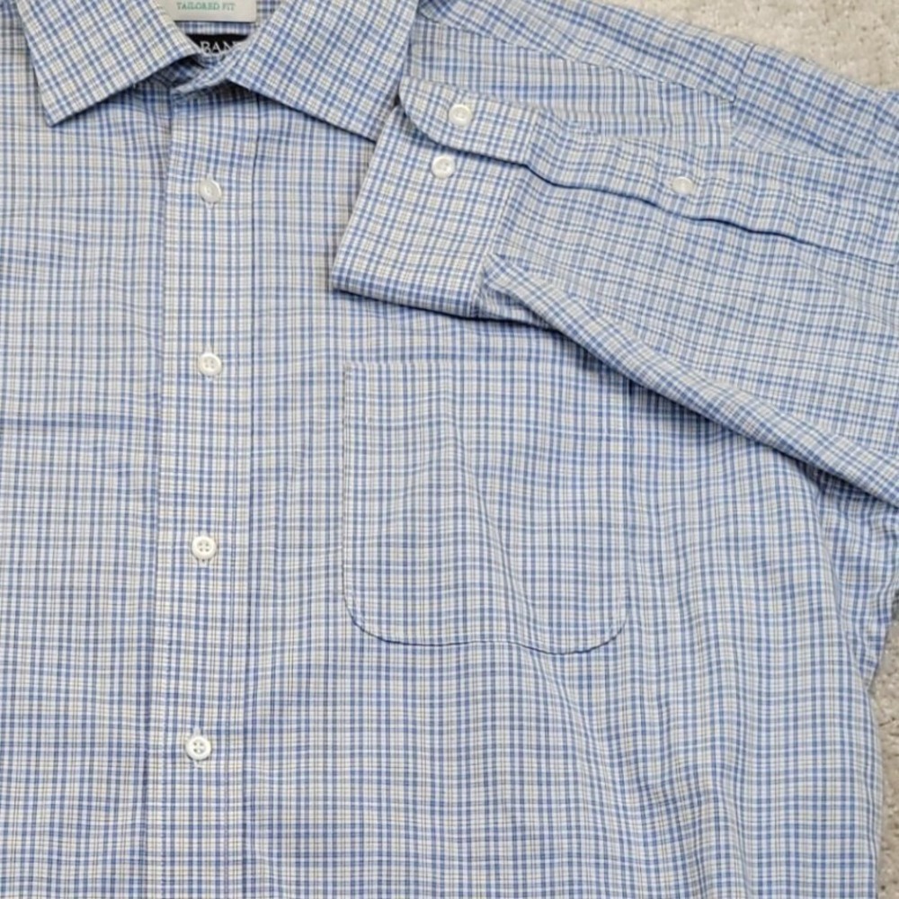 Jos A Bank Traveler Button Down Shirt Mens 16.5 34/35 Blue Plaid Tailored Fit